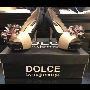 Beige and black heels